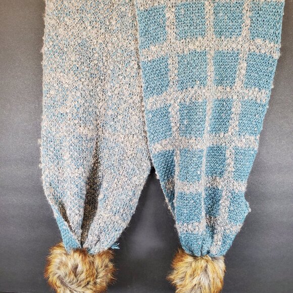 Simply Noelle Luxe Knit Scarf with Faux Fur Pom Poms — Blue & Gray Plaid Winter - Picture 4 of 6